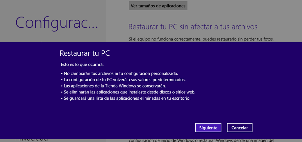 WIN0016 – Restaurar Windows 8 sin afectar los archivos personales