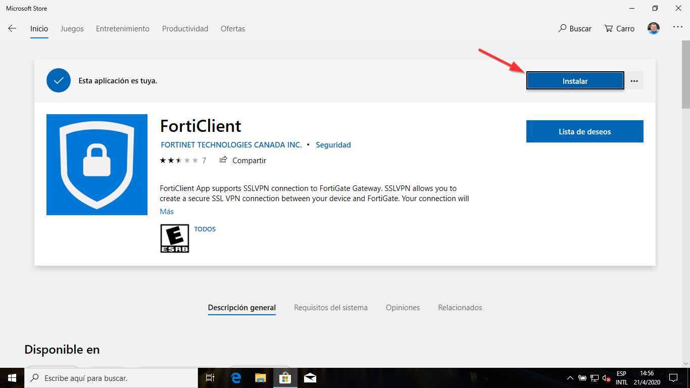 Instalando Forticlient VPN desde el Microsoft Store en Windows 10