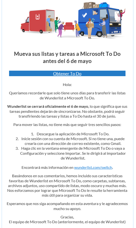 Importante: Migraci&oacute;n a Microsoft To Do por Cierre de Wunderlist